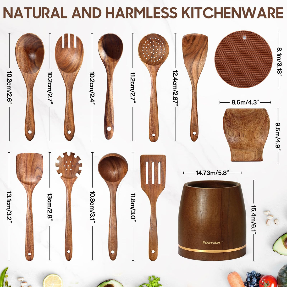 Spardar Wooden Spoons for Cooking, 12 Pcs Teak Wooden Utensil Set with 9 Pcs Spoons, Spoon Rest, 4.2" Utensil Holder, and Potholder for Kitchen Decor & Housewarming Gift