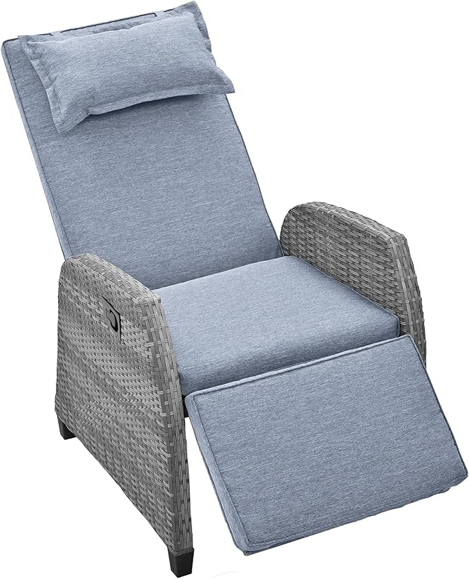 Outdoor Recliners Chair Set of 2 for Patio with Wicker Coffee Table, Comfort Cushion, Adjustable Angle Weatherproof Reclining Chairs for Courtyard, Swimming Pool, Balcony (Grey)