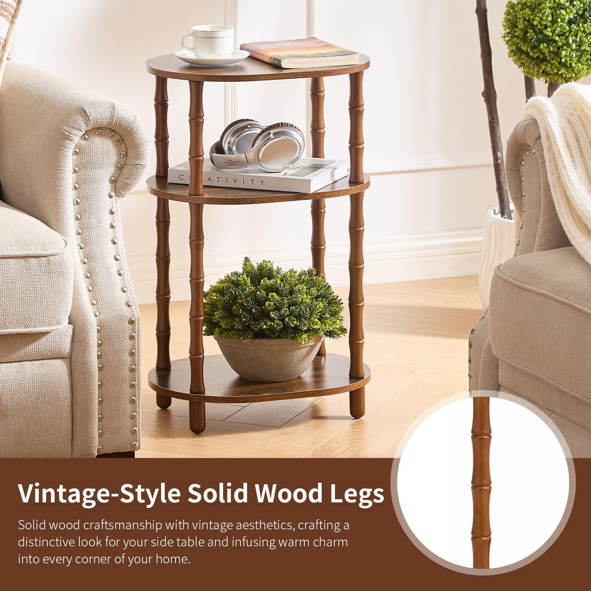 Orvado Side Table, 3-Tier Oval Accent Small End Table, Modern Oval Nightstand Accent Table for Small Space, Bedrooms, Living Room, Easy to Assemble, Rustic Brown