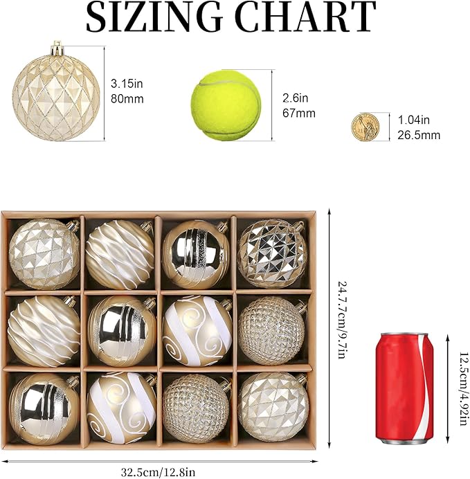 SHareconn 80mm Christmas Baubles,12PCS Colored Shatterproof Plastic Decorative Hanging Tree Decorations Baubles Set for Xmas Tree Decor Holiday Party Wedding Decoration with Lanyard,Gold & White