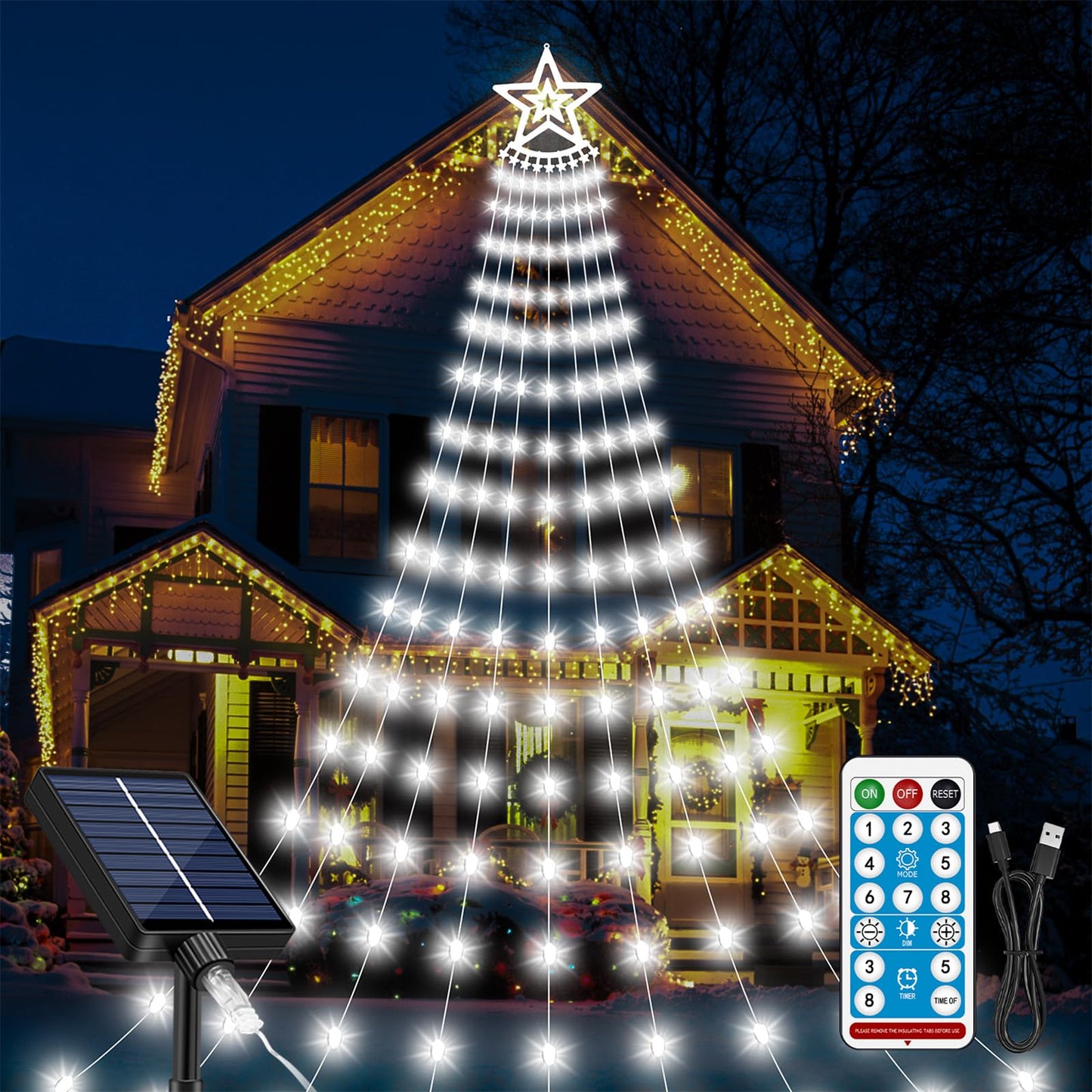 Christmas Solar Decorations Star Lights Outdoor, 11.48ft 350LED Waterfall Tree Lights with 8 Modes Timer Remote String Lights USB Powered for Garden Yard Patio Home Holiday Party Decor, Pure White