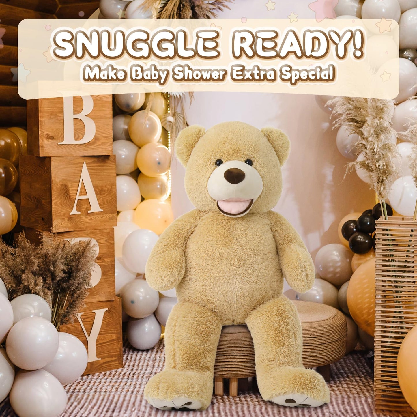 MorisMos Smiling Giant Teddy Bear, 39inch Large Stuffed Animal Bears with Big Footprints Plush, Kids Girlfriend Boyfriend Gift, Light Brown
