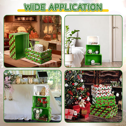 Novabright 3 Pcs Christmas Wood Crates 13'' 11'' 9'' Decorative Rustic Nesting Crate with Handle Farmhouse Wood Storage Basket Gift Boxes for Winter Display Candy Craft Pet Holiday Decor(Clean Style)