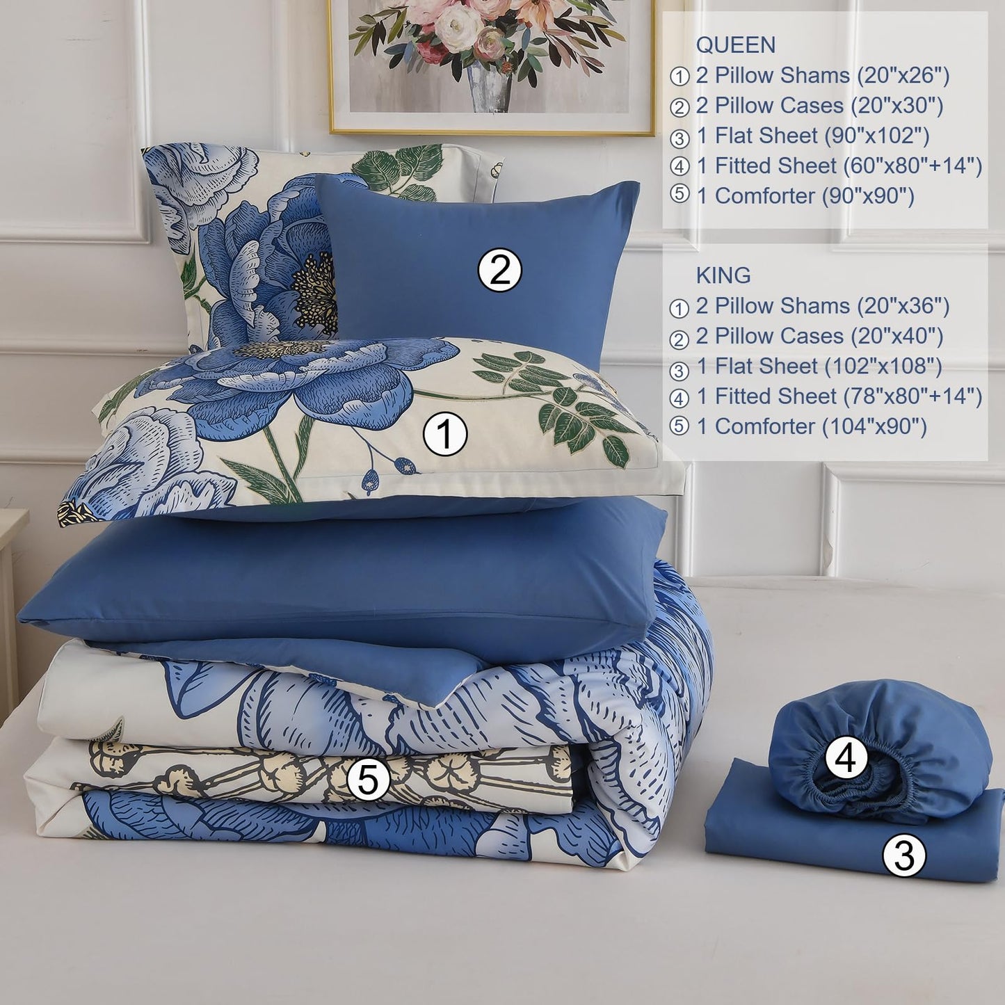 Luxudecor Beige Floral King Comforter Set 7 Pieces Bed in a Bag, Blue Flower Print on Beige Bedding Set,Soft Reversible Comforter with Sheets 104"x90"