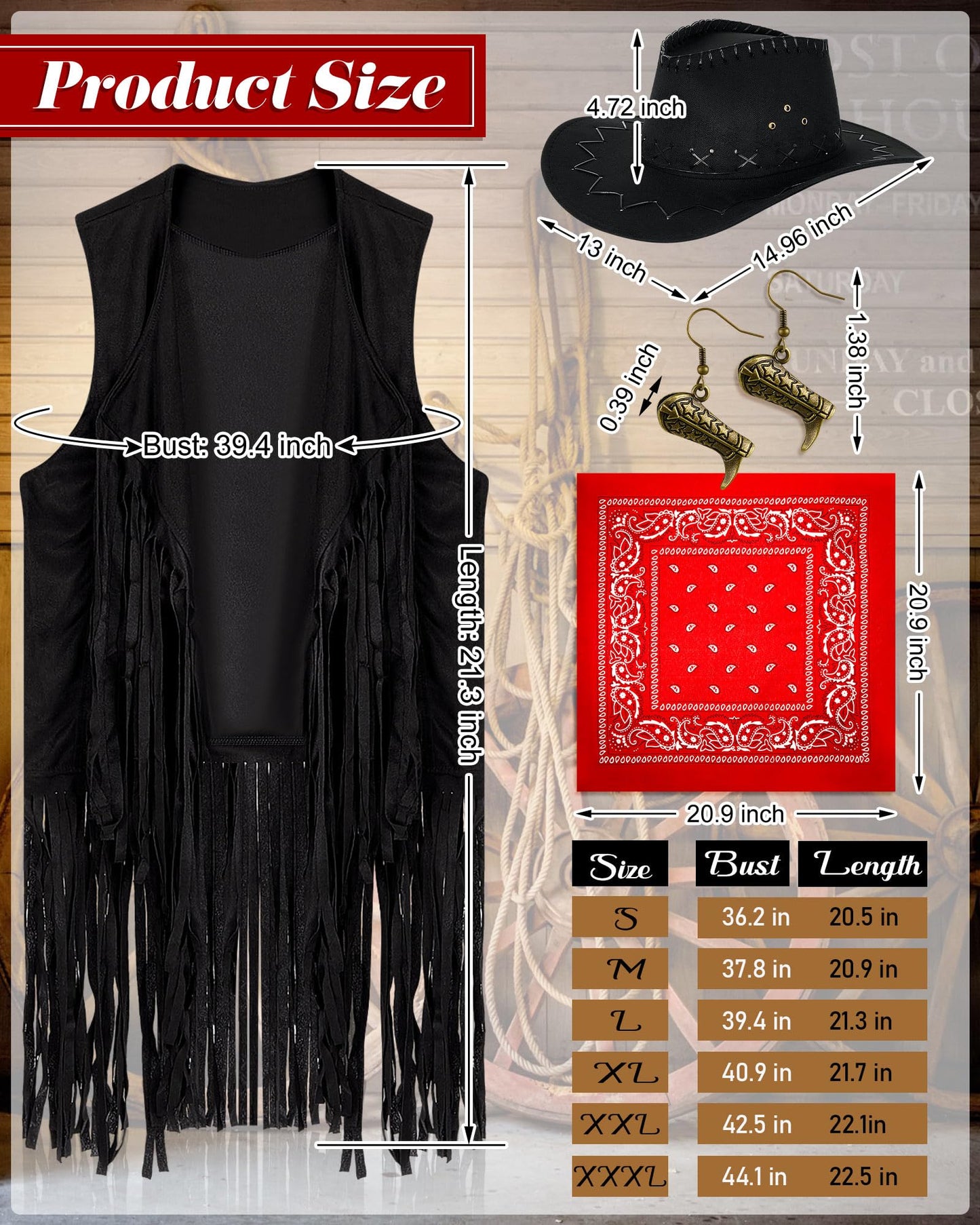 Xtinmee 4 Pcs Halloween Western Cowgirl Outfits Set Women Tassel Vest Cowboy Hat Dangle Drop Earring Paisley Bandana Dress up(3XL,Black)