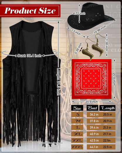 Xtinmee 4 Pcs Halloween Western Cowgirl Outfits Set Women Tassel Vest Cowboy Hat Dangle Drop Earring Paisley Bandana Dress up(3XL,Black)