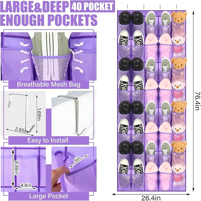 Windyun 40 Large over the Door Hanging Shoe Organizer Purple Mesh Pockets Shoe