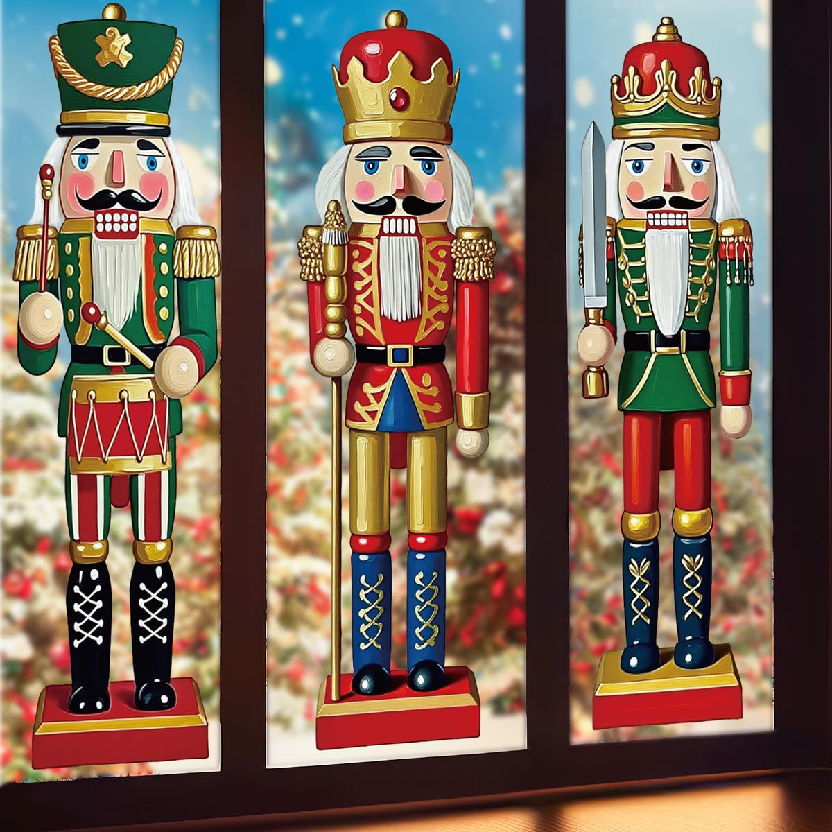 JarThenaAMCS 3 Sheets Christmas Window Clings Xmas Nutcracker Soldiers Extra Large Reusable Window Decals for Winter Holiday Home School Office Glass Decor