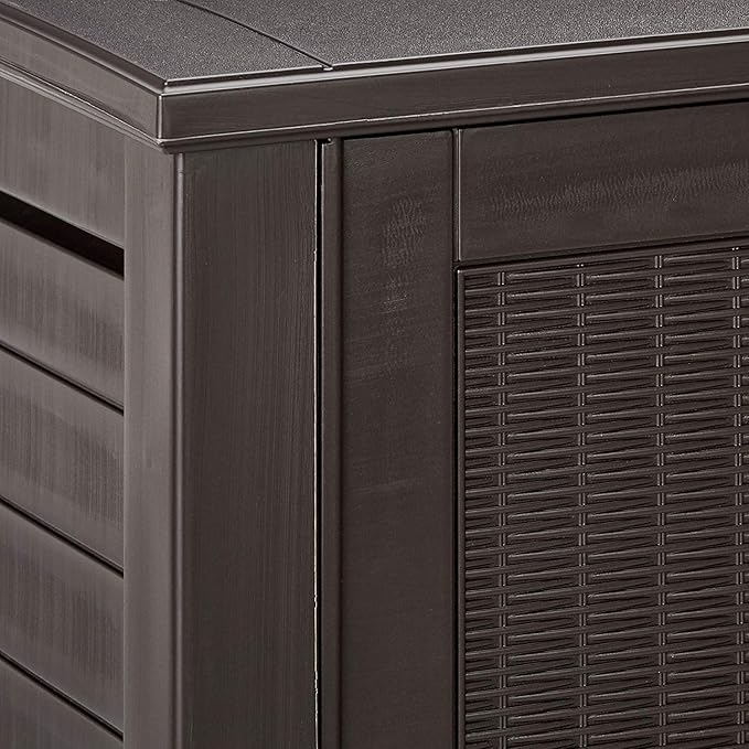 Rubbermaid Decorative Outdoor Storage Cabinet (123 Gal) Weather Resistant Dark Brown Organization for Home/Backyard/Pool Chemicals/Toys/Garden Tools/Porch/Patio Cushions