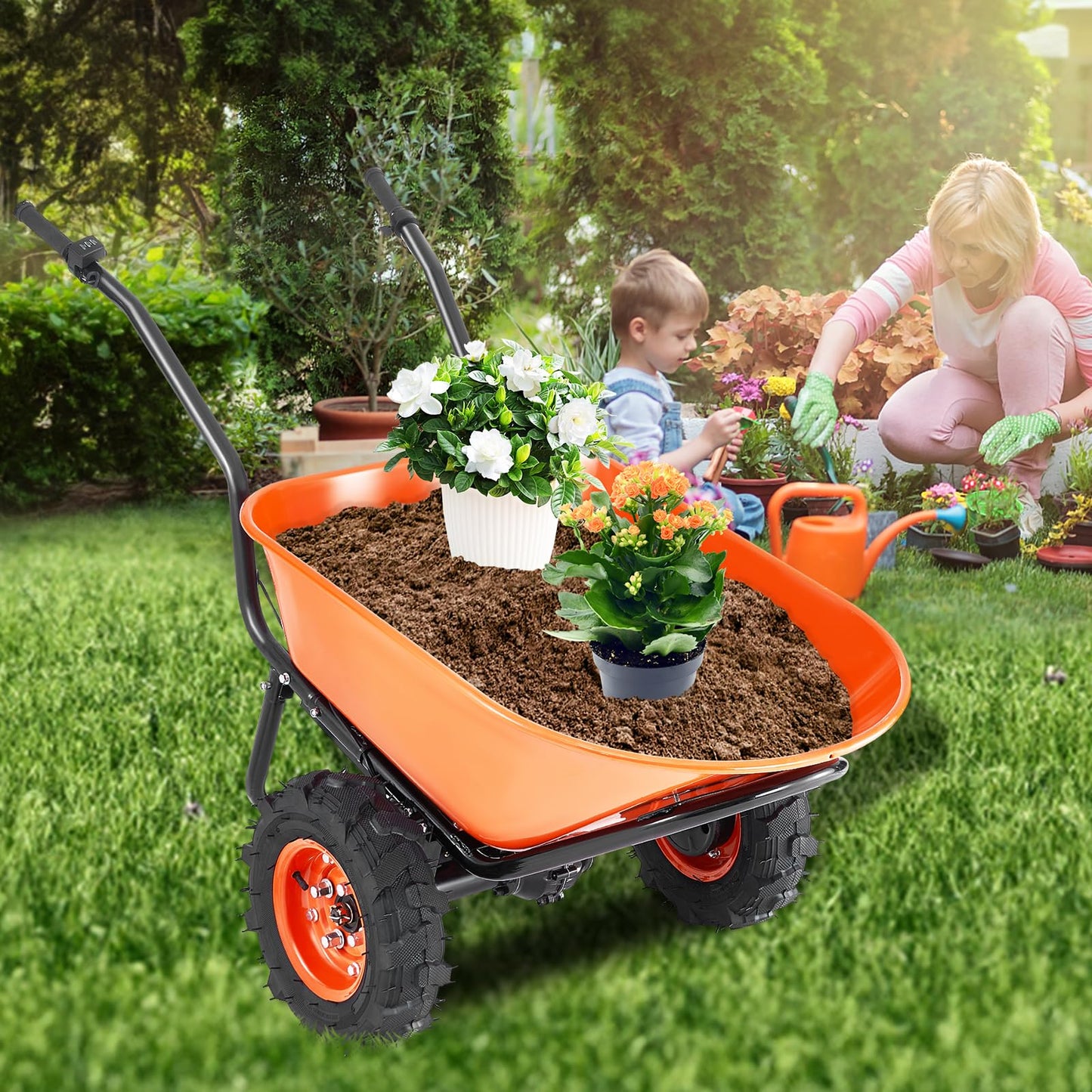 VEVOR Electric Wheelbarrow Cart, 500W Powered Utility Garden Wagon Dump Cart, 4.5 Cu. Ft. Load & 573 lbs Capacity with Metal Handle & 16" Track Wheels, Two Wheel Barrow Yard Cart & Wagons for Lawn