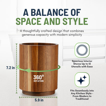 Linda's Essentials Acacia Wooden Utensil Holder for Kitchen Counter, 7.2" Wood Utensil Holder Counter, Kitchen Utensils Holder with 360° Rotation, Non-Slip Large Utensils Holders, Spatula Holders