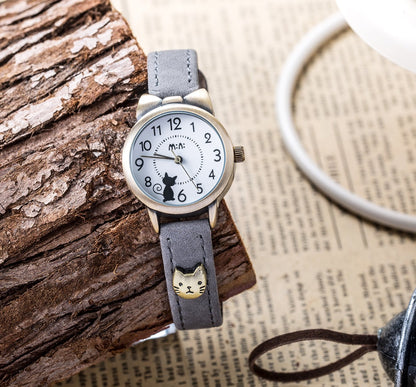 DREAMING Q&P Fq-234 Brown Leather Strap Bowknot Kitty Design Students Girls Woman Quartz Wrist Watches