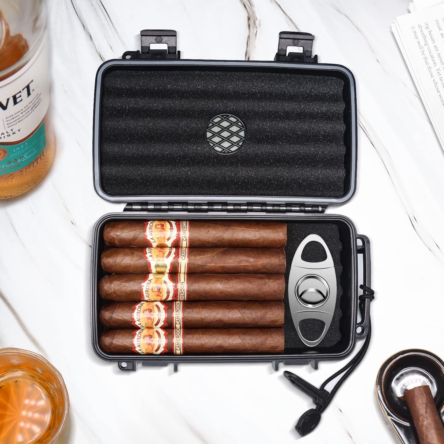 Flauno Travel Cigar Humidor Case - Portable Cigar Box with Humidifier Disc & Cigar Cutter | Waterproof | Airtight | Durable (Holds up to 10 Cigars)