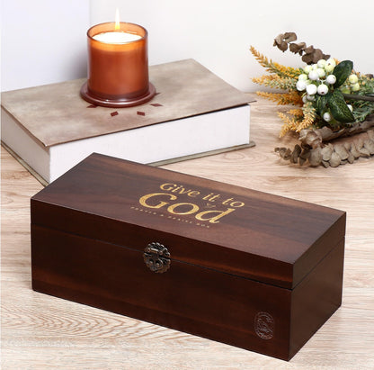 Prayer Box – Acacia Wood & Metal, Engraved “Give it to God,” Includes Prayer & Praise Cards, Decorative Religious Gift