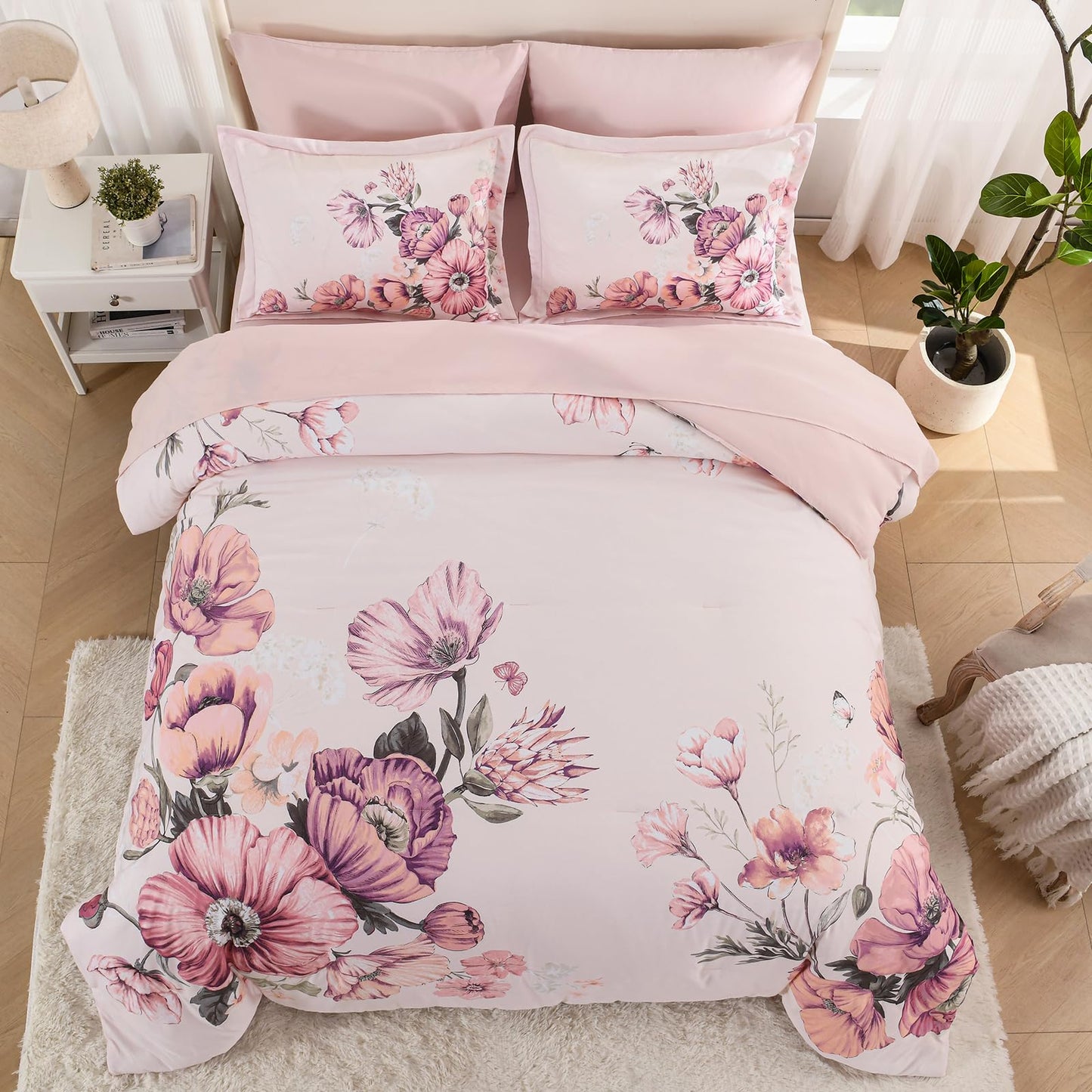 LLDSYW Queen Comforter Set - 7 Pieces Bed in a Bag Pink Floral Queen Comforter Set with Sheets, Soft Microfiber Flower Complete Bedding Set for All Seasons（Pink,90"x90"）