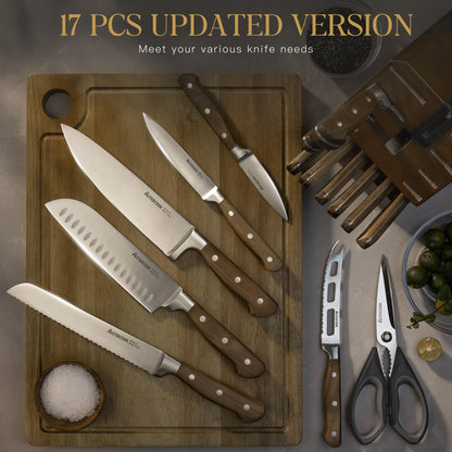 Astercook 17-Piece Knife Block Set with Built-in Sharpener, German Stainless Steel Full Tang Kitchen Knives, Ergonomic Walnut Handle Cutlery Set for Home Cooking & Gifting