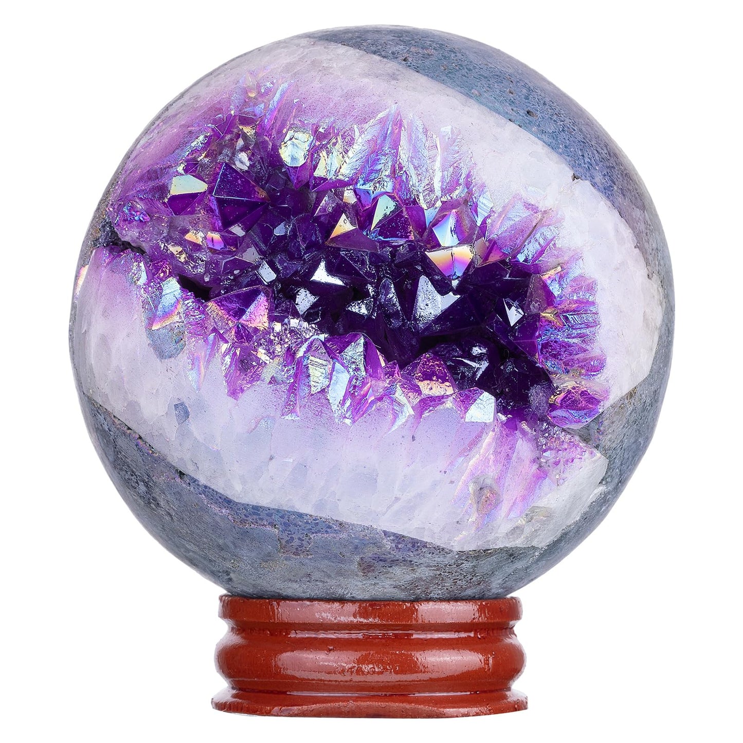 dssmboom Purple Titanium Coated Geode Stone Sphere with Wooden Stand for Home Decor, Rock Quartz Crystal Ball for Fengshui, Divination, Meditation, 61mm-70mm