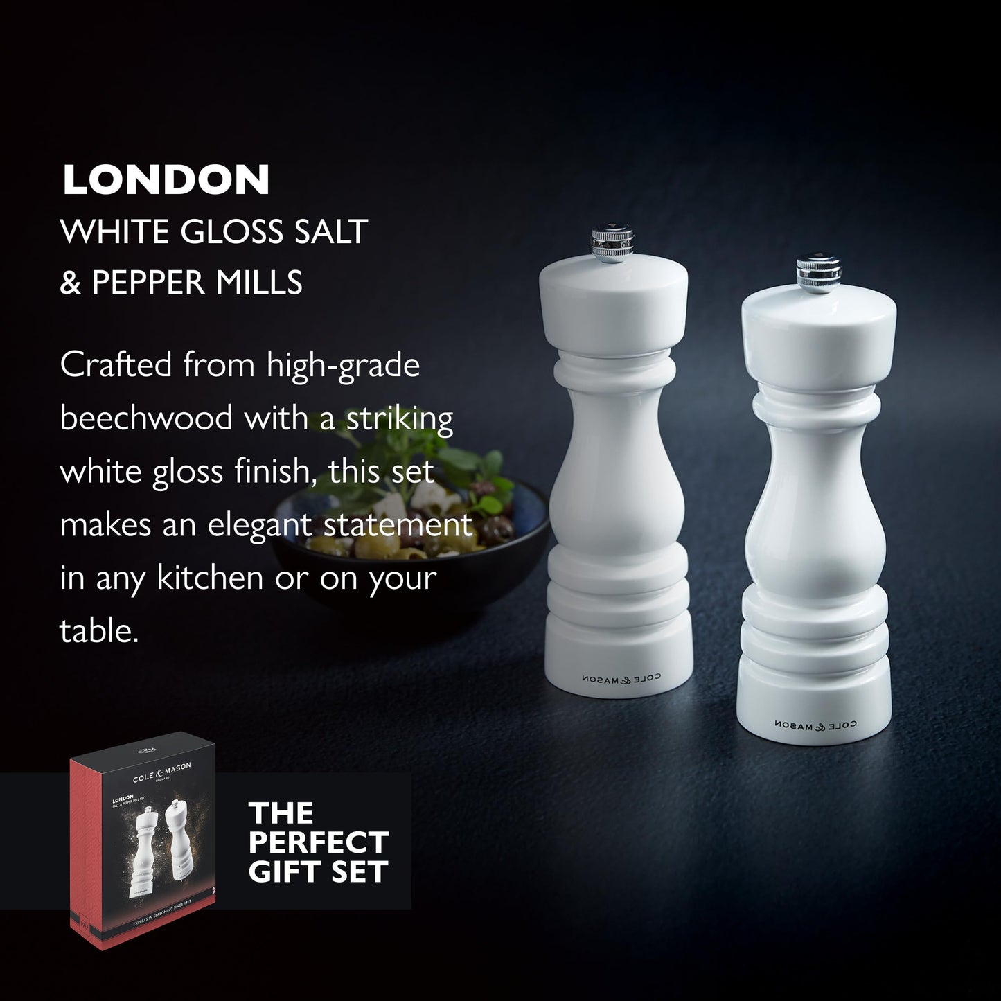 Cole & Mason London Refillable Spice Mill - Kitchen & Home Accessory - Salt & Pepper Grinder Set - Salt Mill with Ceramic Mechanism - Pepper Mill with Carbon Steel Mechanism - 7", White Gloss