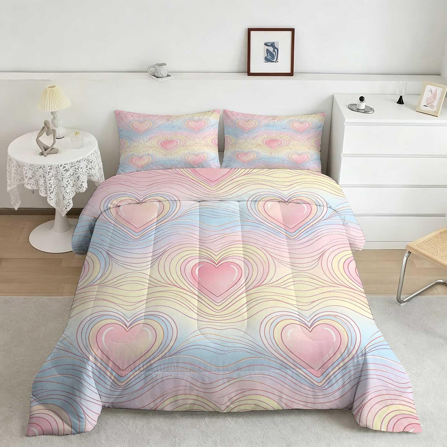 DJNEAR Pastel Heart Comforter Set, Soft Microfiber Cute Pink Heart Bedding Set for Girls Teens Women, 2 Pieces All Season Ombre Love Wave with 1 Comforter 1 Pillowcase, Twin Size