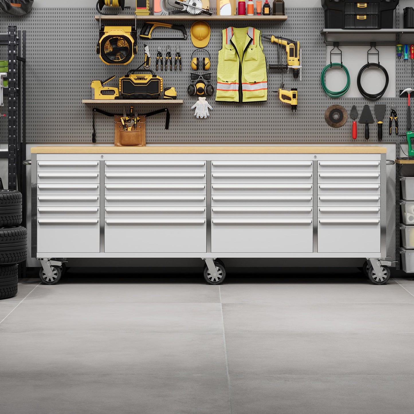 IDEALHOUSE 96 inch Rolling Tool Chest, Garage Workbench with 24 Drawers, Solid Rubber Wood Top & with Wheels Lock Key Locking, Mobile Workstation Tool Cabinet for Workshop Storage