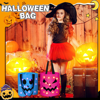 Sadnyy 3 Pcs Halloween Trick or Treat Bags Light up for Kids Pumpkin Candy Bucket LED Halloween Treating Baskets Reusable Goody Tote Bag for Party Favor Supplies(Pink, Blue, Orange)