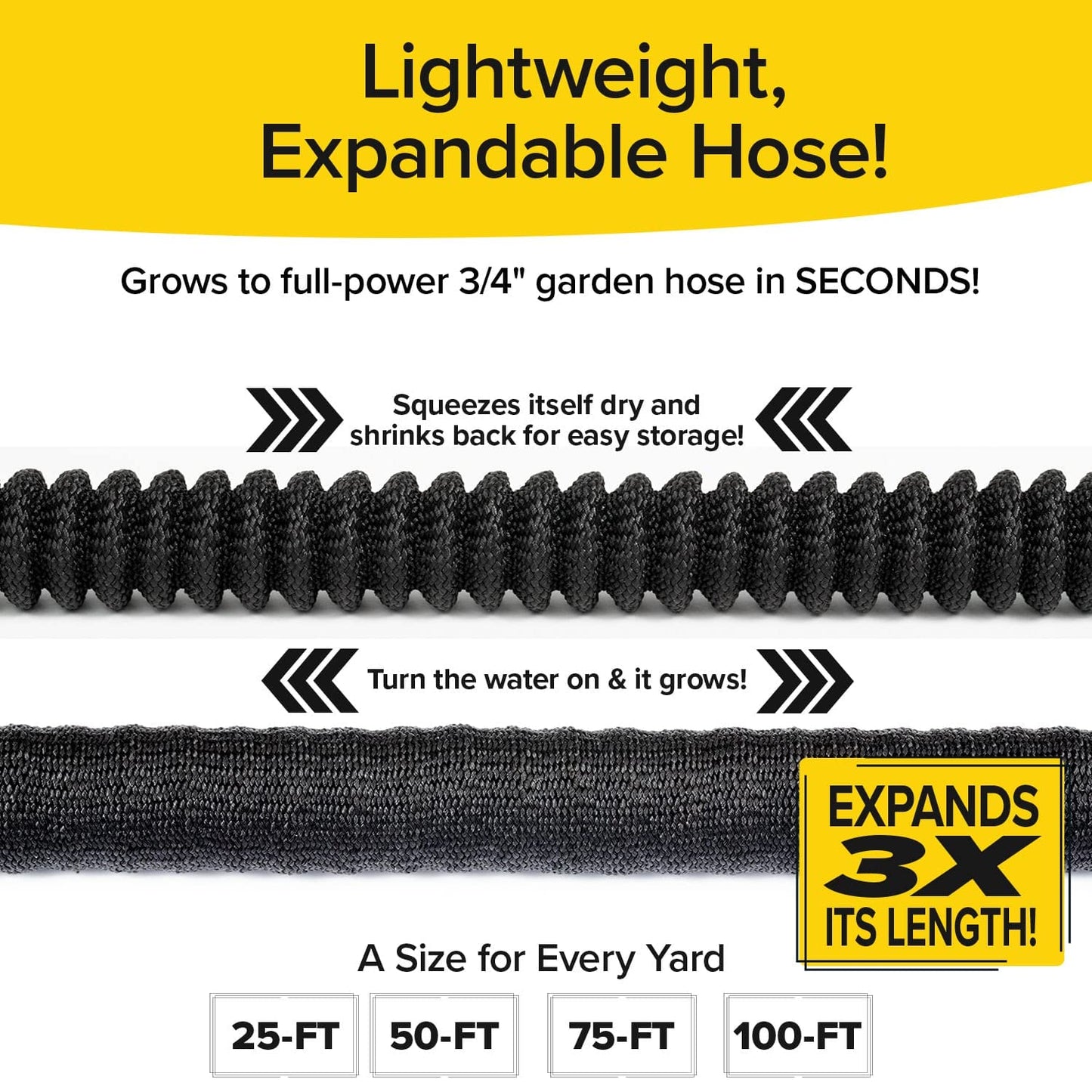 Pocket Hose Silver Bullet 50 ft Turbo Shot Nozzle Multiple Spray Patterns Expandable Garden Hose 3/4 in Solid Aluminum Fittings Lead-Free Lightweight and No-Kink,Black