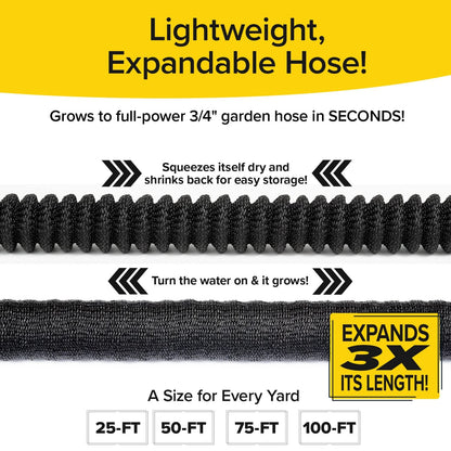 Pocket Hose Silver Bullet 100 ft Turbo Shot Nozzle Multiple Spray Patterns Expandable Garden Hose 3/4 in Solid Aluminum Fittings Lead-Free Lightweight and No-Kink, Black