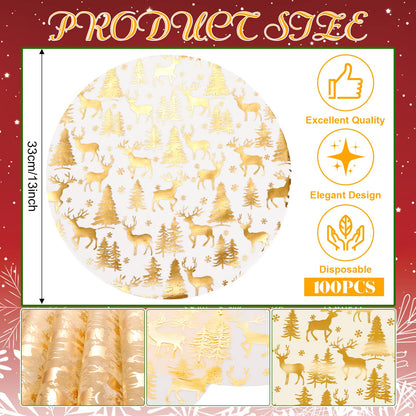 100 Pcs Christmas Placemats 13 Inch Gold Reindeer Mesh Place Mats Disposable Round Cute Elk Snow Forest Xmas Table Mat for Winter Seasonal Holiday Party Decor Kitchen Dining Room Farmhouse Home Decor
