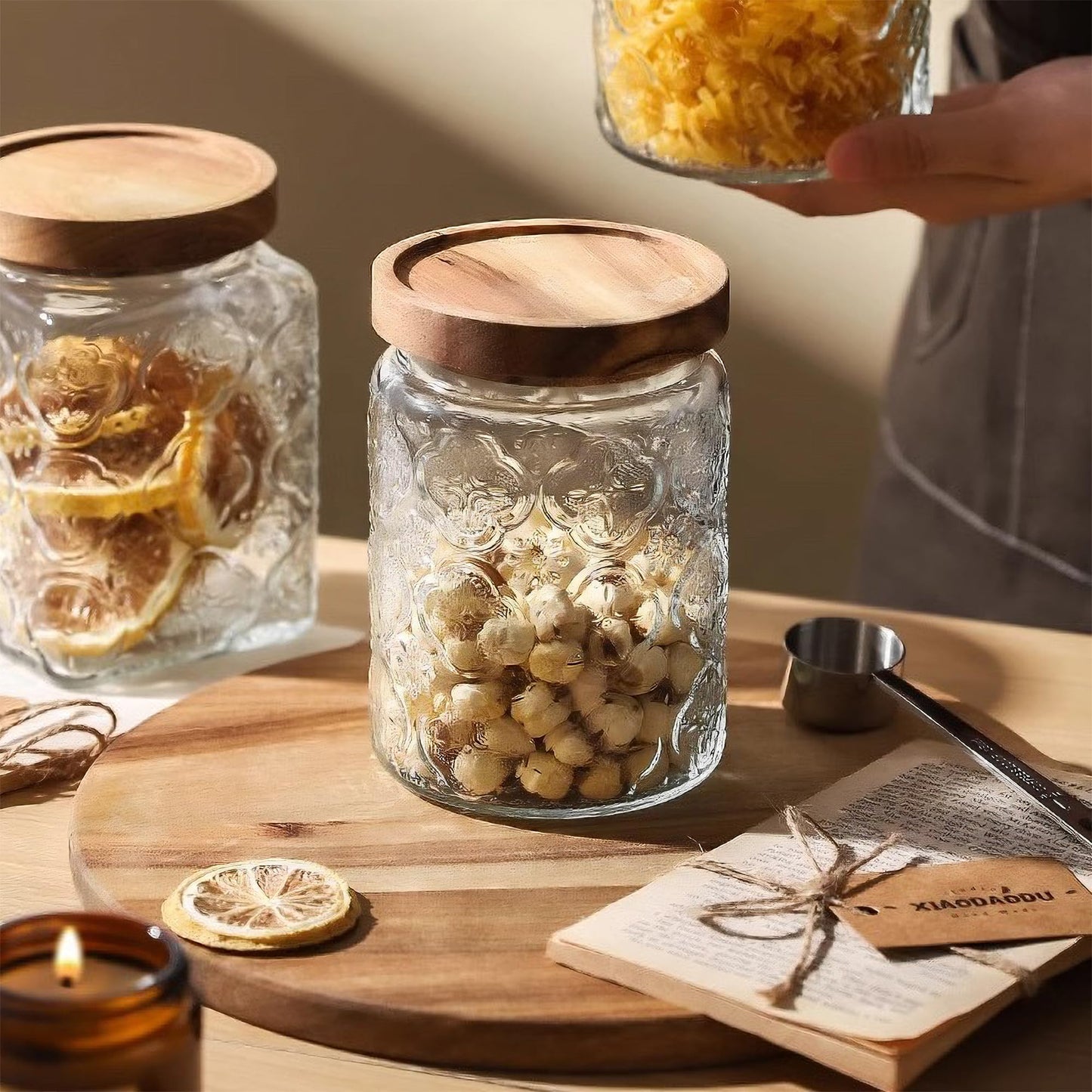 Custde Glass Storage Jars With Airtight Lid, 23.7oz Container For Kitchen Counter with Wooden Lid, brown sugar, candy, coffee, cookie, salt, tea, cute Jar (Begonia Flowers*2)