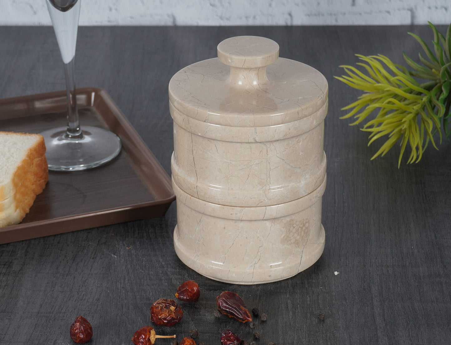 Radicaln Handmade Marble Brown 5” Dual Salt Cellar & Brown Sugar Keeper – 2” Each Herb Jar Salt Dish Kitchen Accesorries – Ideal For Jewelry, Butter, Sugar & Home Décor