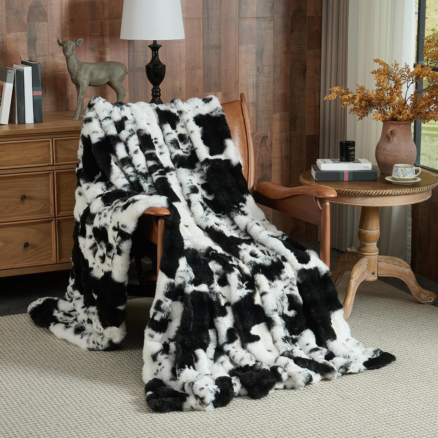 Lotus Karen Faux Fur Throw Blanket Cow Print-Black, Fluffy Fuzzy Plush Bubble Blanket for Couch, 60x50 Inches Cozy Shaggy Rabbit Blanket, Luxury Decorative Gifts for Sofa Bedroom Living Room.