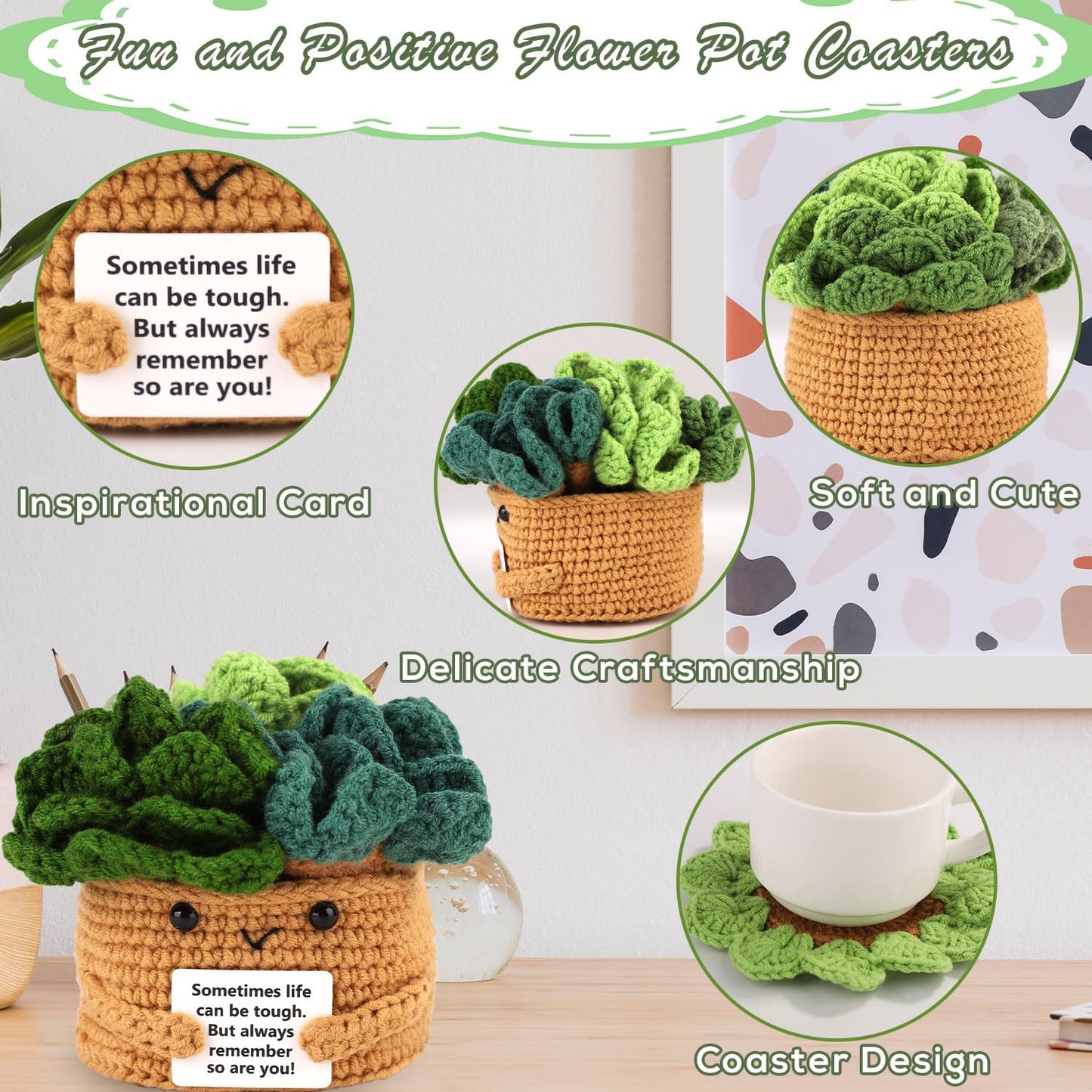 lasuroa Positive Flower Pot, Coasters Crochet Flower Mini Crochet Potted Flower Crochet Plant Pot Positive Emotional Plush Crochet with 6 Crochet Coasters for Party Decoration Encouraging Gift