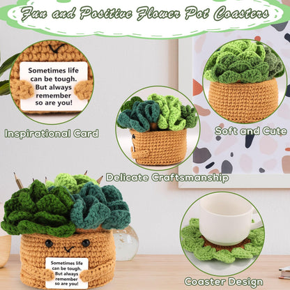 lasuroa Positive Flower Pot, Coasters Crochet Flower Mini Crochet Potted Flower Crochet Plant Pot Positive Emotional Plush Crochet with 6 Crochet Coasters for Party Decoration Encouraging Gift