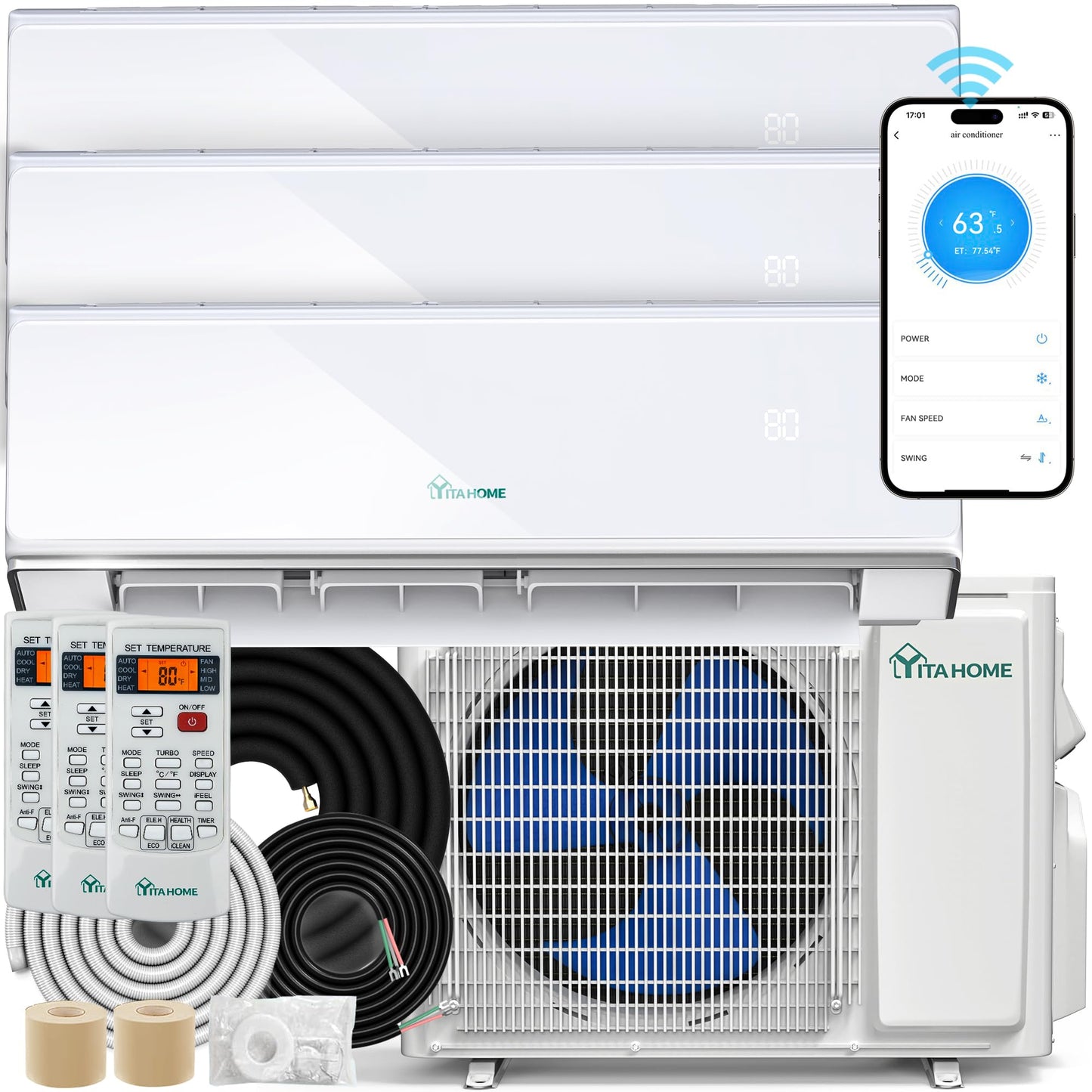 YITAHOME 23 SEER2 24K BTU 3 Zone Mini Split AC/Heating System, 9000 9000 9000 BTU Tri Zone Mini Split Air Conditioner, 208-230V Pre-charged Inverter AC, Compatible with Wi-Fi&Alexa