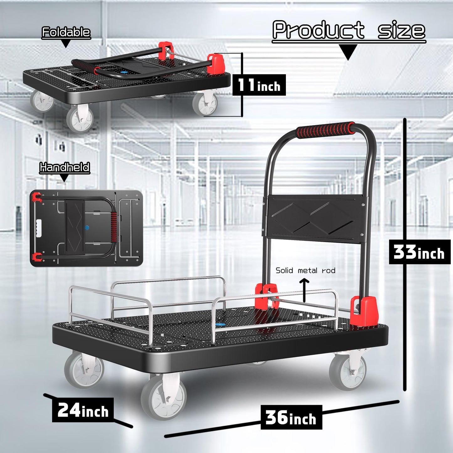 Platform Trucks Flatbed Cart Heavy Duty with Brake Wheels & Fence Foldable Hand Cart 1300lbs Capacity 36"x24" Moving Dolly for Furniture/Office/Groceries/Garage, Black