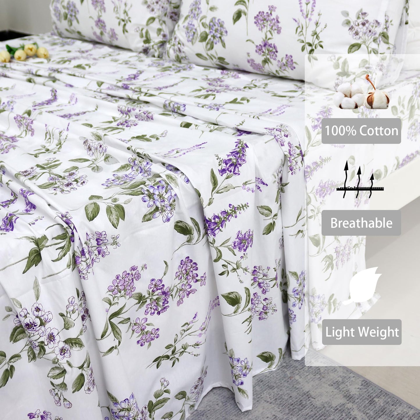 Helthep Floral Sheet Set King Size 100% Cotton Purple Floral Pattern Sheets Botanical Shabby Printed Bed Sheets Set Luxury Percale Warm 17.5" Deep Pocket Ultra Soft and Beathable, 4Pcs
