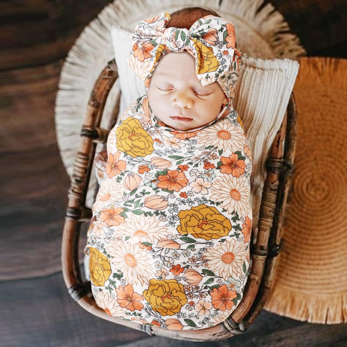 DRESHOW BQUBO Baby Girl Newborn Floral Receiving Blankets with Bow Hat Headband Wooden Birth Announcement Card Set Newborn Baby Swaddling Hats Sleepsack Toddler Warm Shower Gift