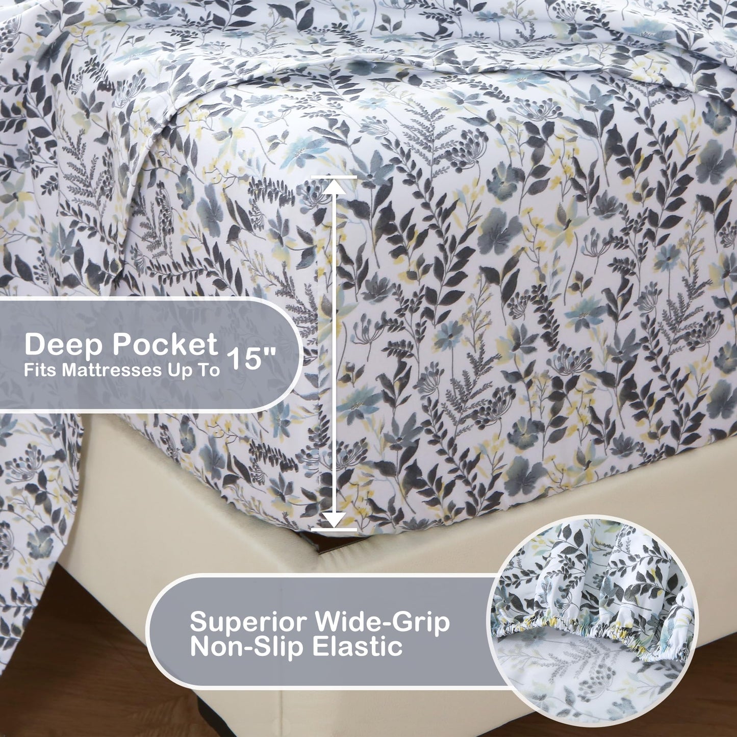 Mooreeke Cozy Vintage Microfiber Printed Queen Sheet Set - Soft Breathable Percale Cotton Floral Bed Sheets with Deep Pocket - Non-Slip Fitted Design - Yellow Blue Gray Gradient Flowers Pattern