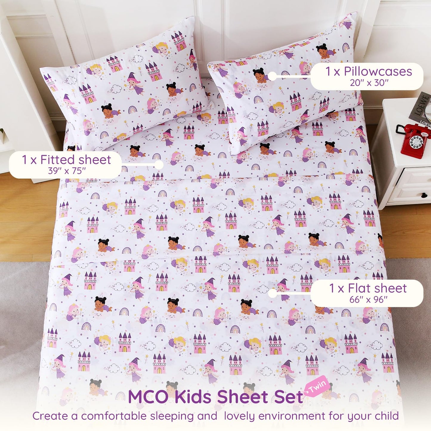 MCO Fairy Castle Twin Sheets Set Kids, Soft Microfiber Bed Sheet Set for Boy Girls, 3 Pieces Breathable Twin Sheets