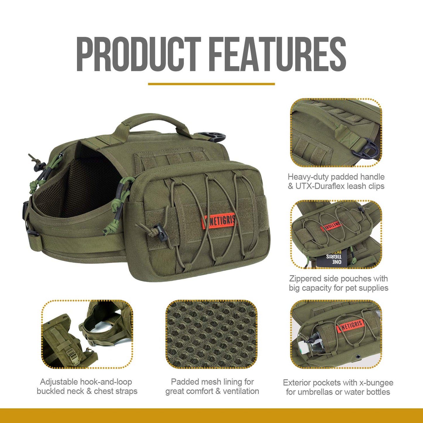 OneTigris Dog Pack Hound Travel Camping Hiking Backpack Saddle Bag Rucksack for Medium & Large Dog (Ranger Green)