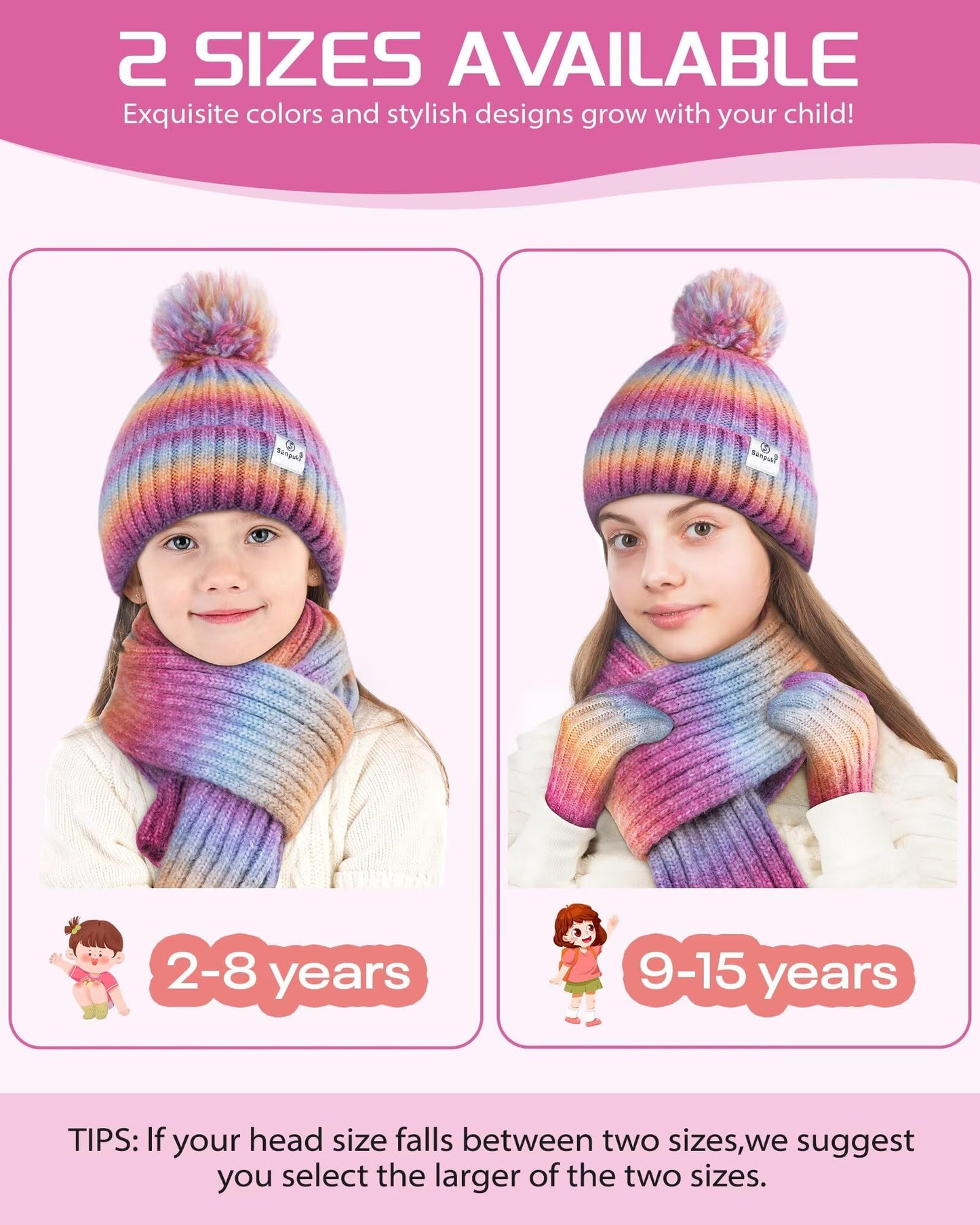Kids Winter Beanie Gloves Scarf Set,Girls Toddler Winter Hat With Pom Neck Warmer Gaiter Mittens Fleece Lined Set Christmas Gift for Kids