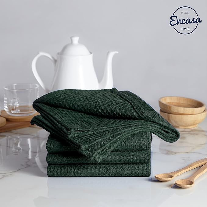 Encasa XO Kitchen Dish Towels Set | Dark Green | Waffle Weave and Flat Hand Tea