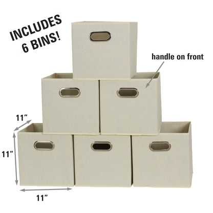 Fabric Storage Bins 6 Piece Set, Strong Poly-Woven Fabric, Sturdy Chipboard Sides, Grommet Front Handle, Stackable and Foldable, Classic Design, Cream