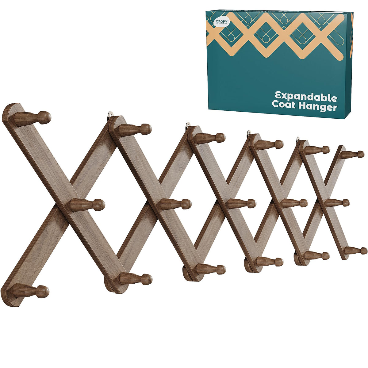 OROPY Accordion Wall Hanger with 17 Pegs, Expandable Wooden Coat & Hat Rack