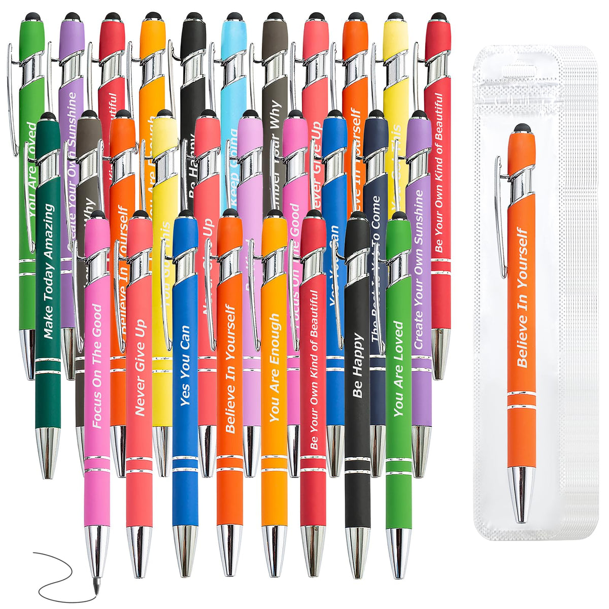 LUAVIARU 40 Piece Inspirational Pens Kit with Stylus Tip & Sayings – 20 Motivational Pen + 20 Individual Bags – Uplifting Quote & Positive Ideas – For Teachers, Office, School, Meetings, Team Events