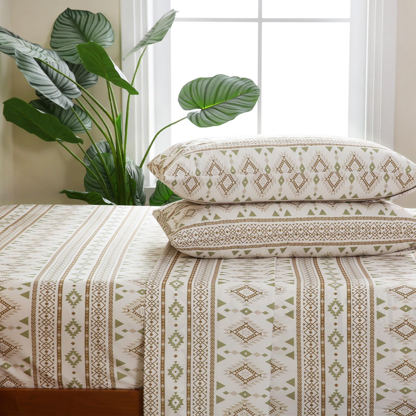 CozySmile 4 Pieces King Sheet Set Bohemian, Boho Sheets Soft Microfiber Deep Pocket, Western Sheets Geometric(King, Cream Olive Geometric)