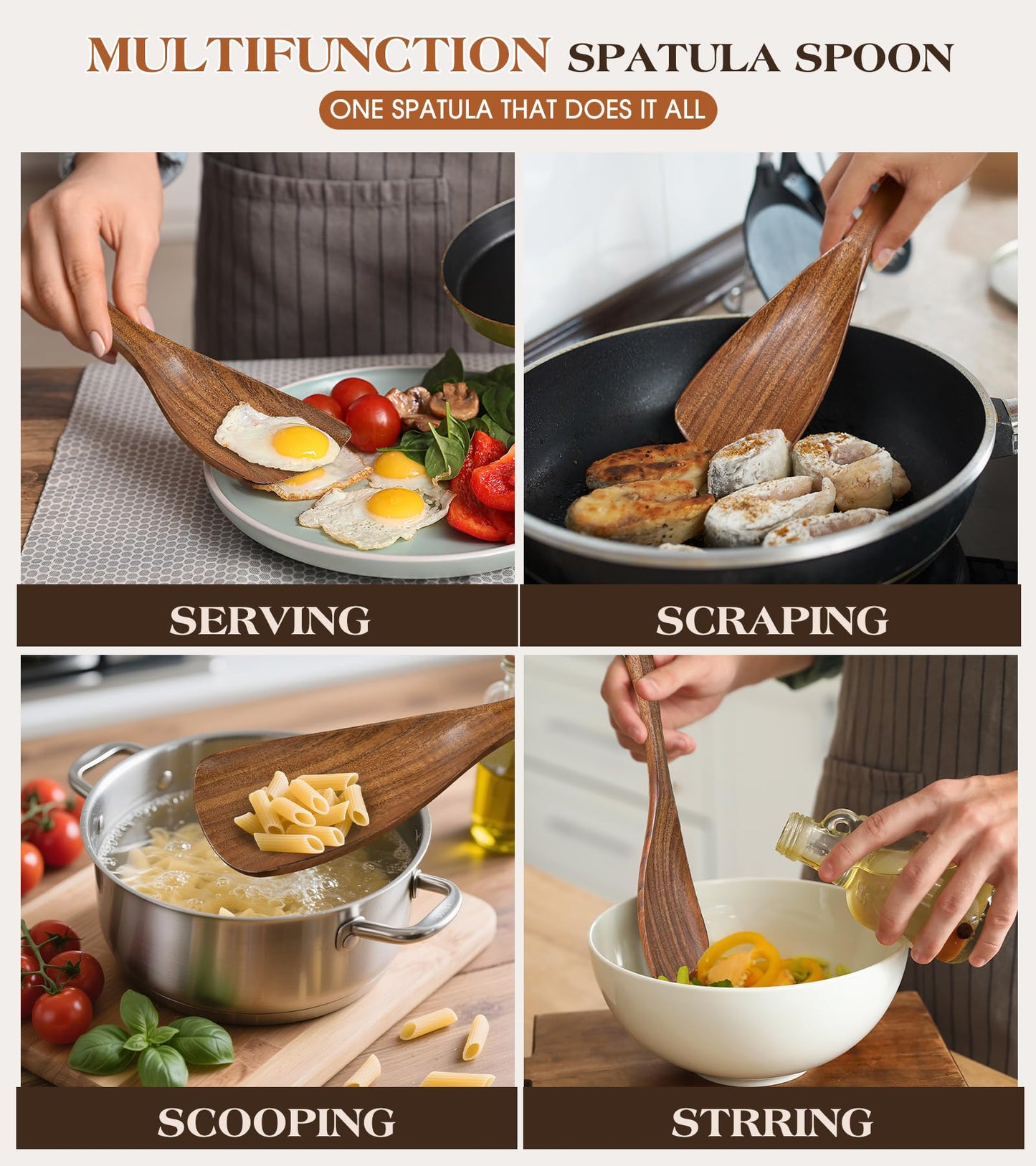2Pcs Wooden Spatula Spoon, Multifunction Cooking Spoon for Nonstick Cookwares, Heat Resistant Acacia Wooden Spoon Spatula for Cooking, Mixing, Scooping, Scraping, BPA-Free, 11.6 x 2.8 Inch