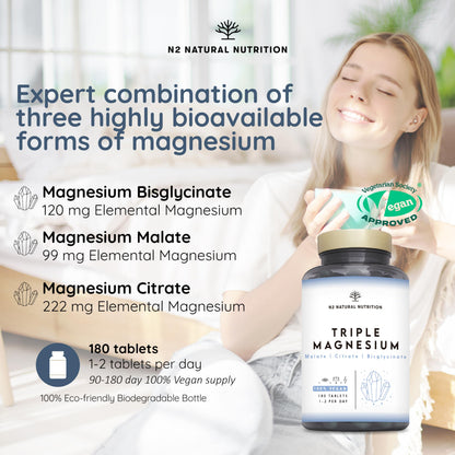 Triple Magnesium Glycinate 3-in-1 (6 Months) 2640 mg Magnesium, Synergistic Complex with Malate, Citrate, Bisglycinate for Sleep, Energy, Muscles and Bones. 180 Tablets. N2 Natural Nutrition