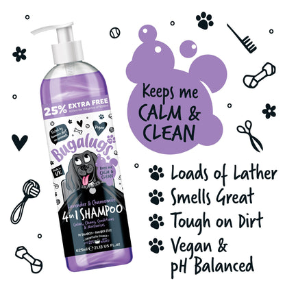 Dog Shampoo by Bugalugs lavender & chamomile 4 in 1 dog grooming shampoo products for smelly dogs, best puppy shampoo, professional groom Vegan pet shampoo & conditioner (625ml)