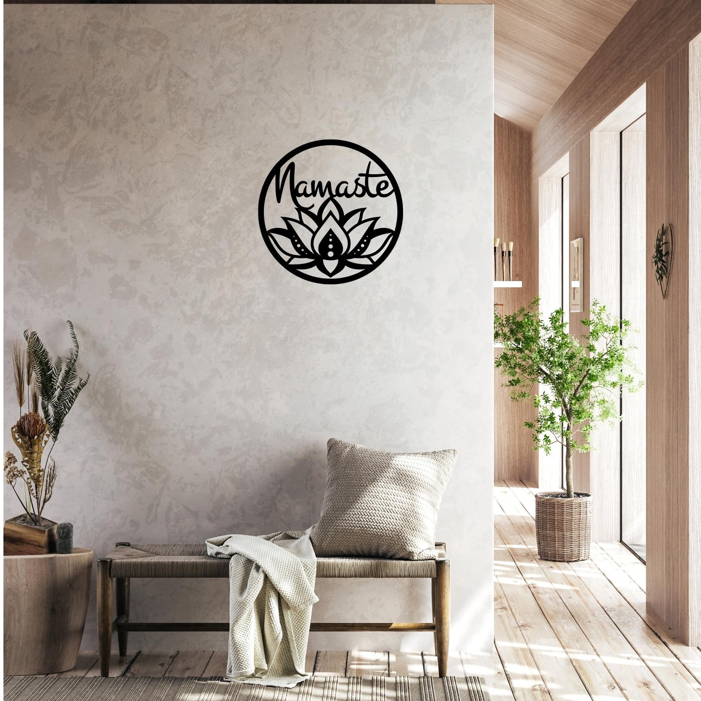 Namaste Lotus Flower Wall Hanging – Handmade Yoga Inspired Metal Décor, Boho Spiritual Artwork for Meditation Room, Mindfulness Studio, or Peaceful Home Accent
